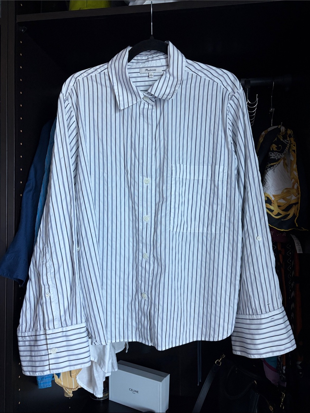 Madewell The Easy Y-neck Shirt in Poplin- Dark Blue and White Stripe